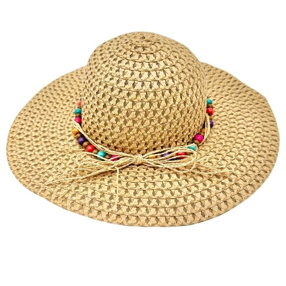 Wide Brim Straw Sun Hat With Multicolor Beaded Band One Size Lightweight Stylish - Picture 2 of 8